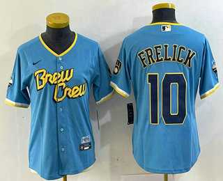 Womens Milwaukee Brewers #10 Sal Frelick Blue 2022 City Connect Cool Base Stitched Jersey